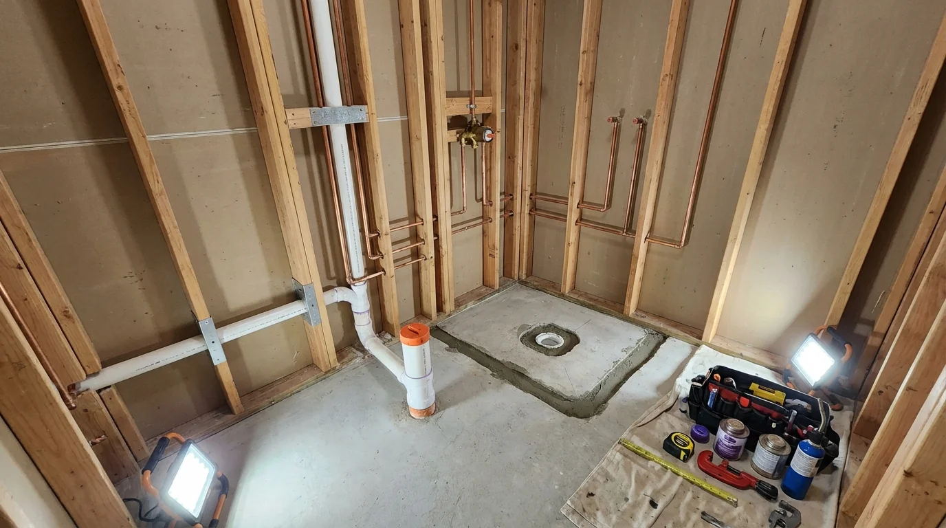 Bathroom rough-in plumbing during remodel by Johns Plumbing LLC in East Palestine