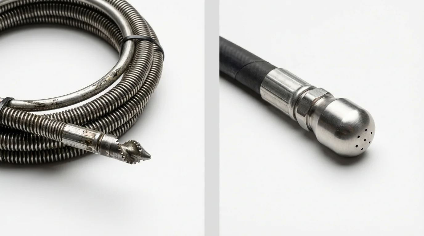 Drain snake cable and hydro jetting nozzle used for drain cleaning in East Palestine, OH