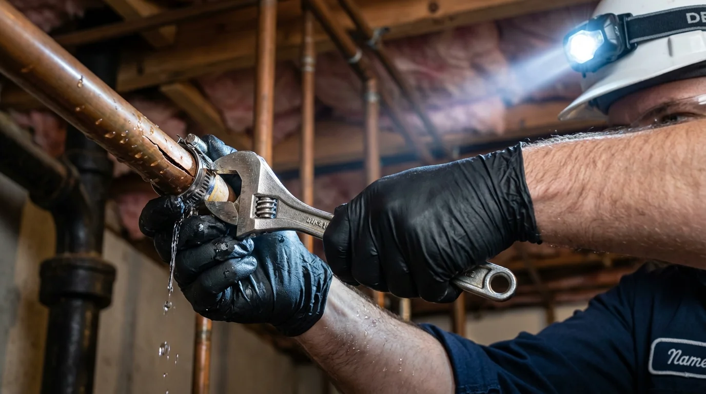 Emergency pipe clamp repair being performed by a Johns Plumbing LLC plumber in East Palestine