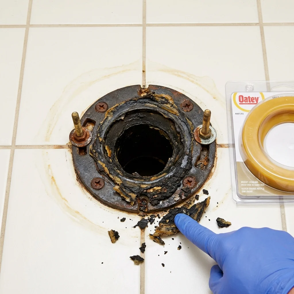 Failed wax ring showing water seepage at the base of a toilet in a East Palestine, OH home