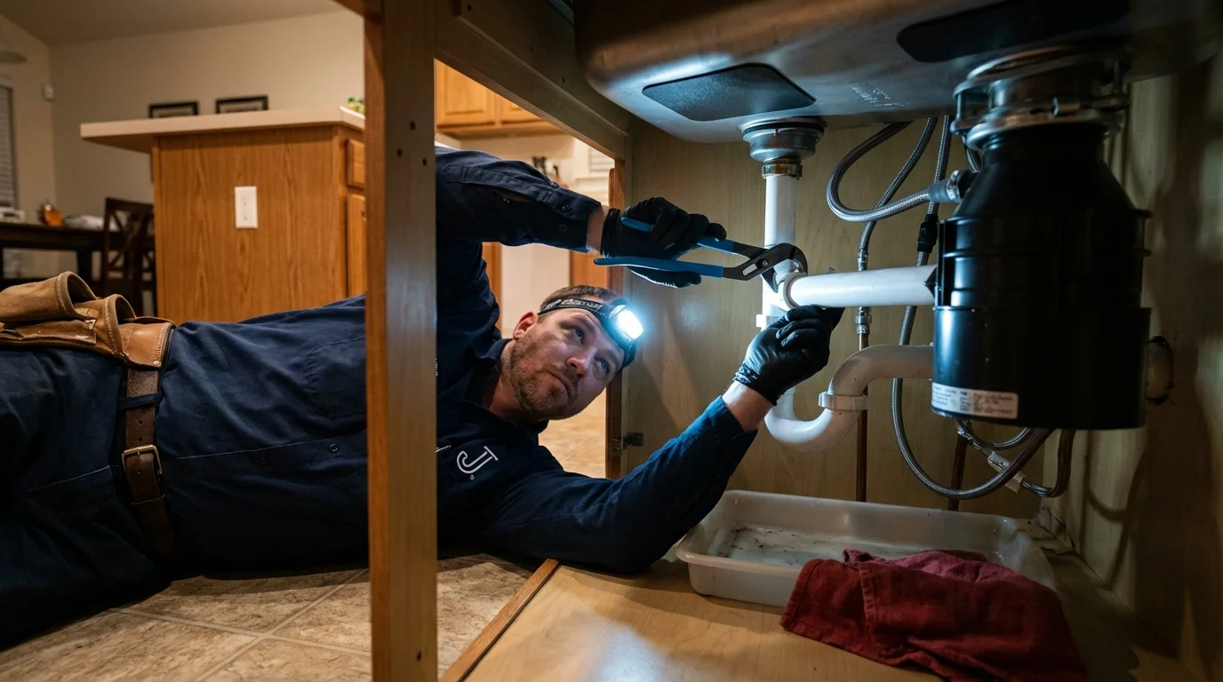 P-trap and supply line connections under a kitchen sink showing a common leak point in East Palestine, OH